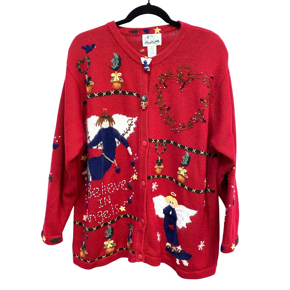 VTG Quacker Factory Believe in Angels Cardigan 1X plus Red Christmas Sweater